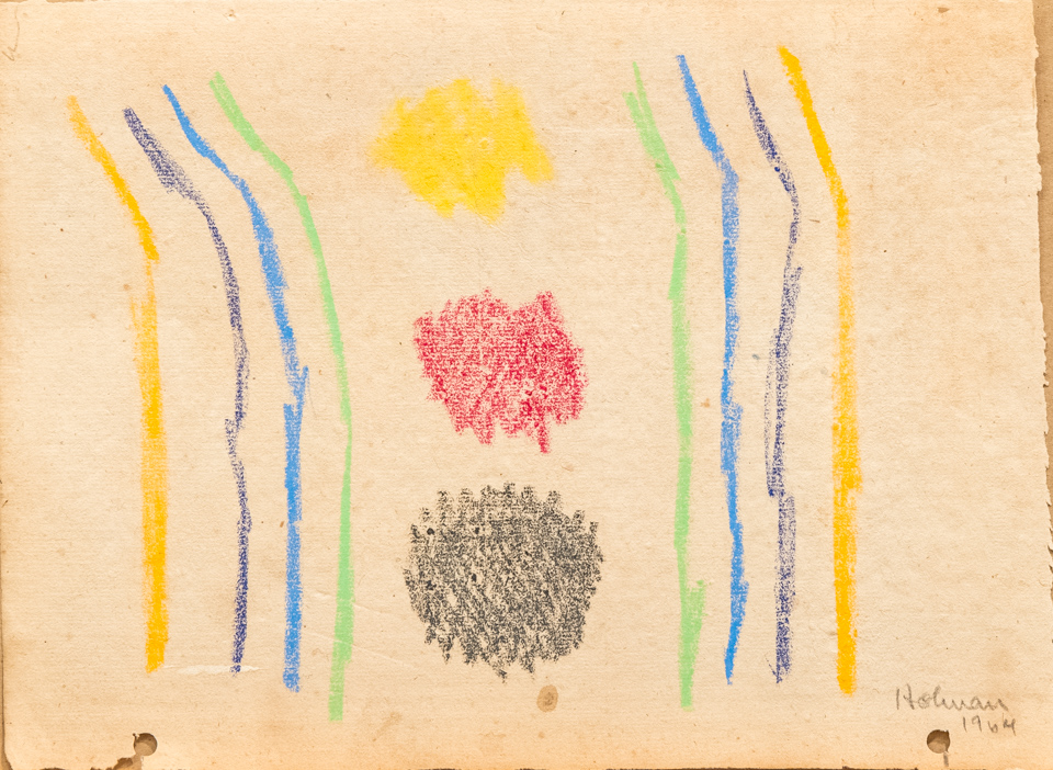 unnamed is an original crayon drawing measuring 8.5 × 11 inches, completed in 1964 by American Expressionist Landscape painter Bud Holman.