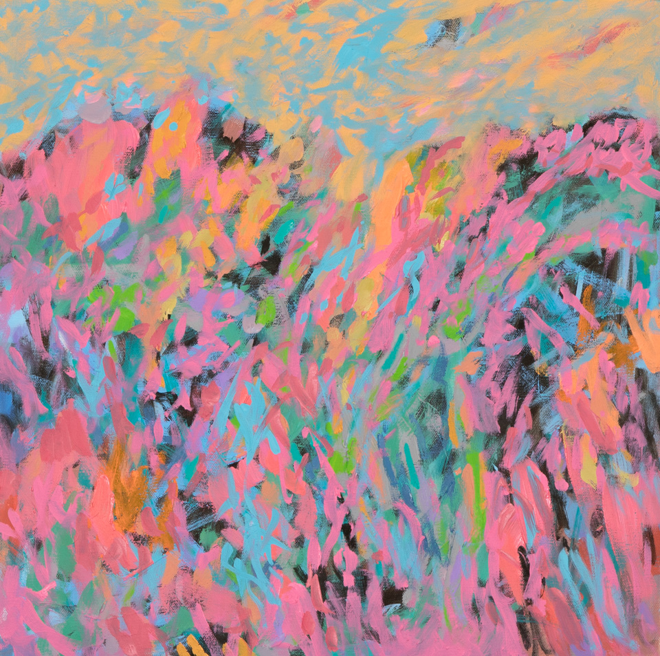 Rancho Kickapoo is an original oil on canvas painting measuring 18 × 18 inches, completed in 2016 by American Expressionist Landscape painter Bud Holman.