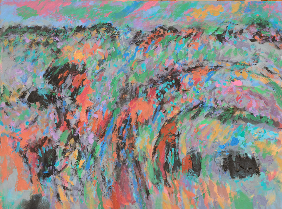 Blue Cowboy Landscape #4 is an original oil on canvas painting measuring 18 × 24 inches, completed in 1998 by American Expressionist Landscape painter Bud Holman.