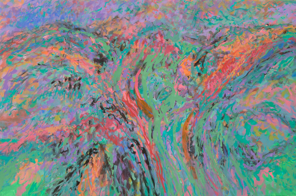 Canyon Road S.F. #7 is an original oil on canvas painting measuring 24 × 36 inches, completed in 2017 by American Expressionist Landscape painter Bud Holman.