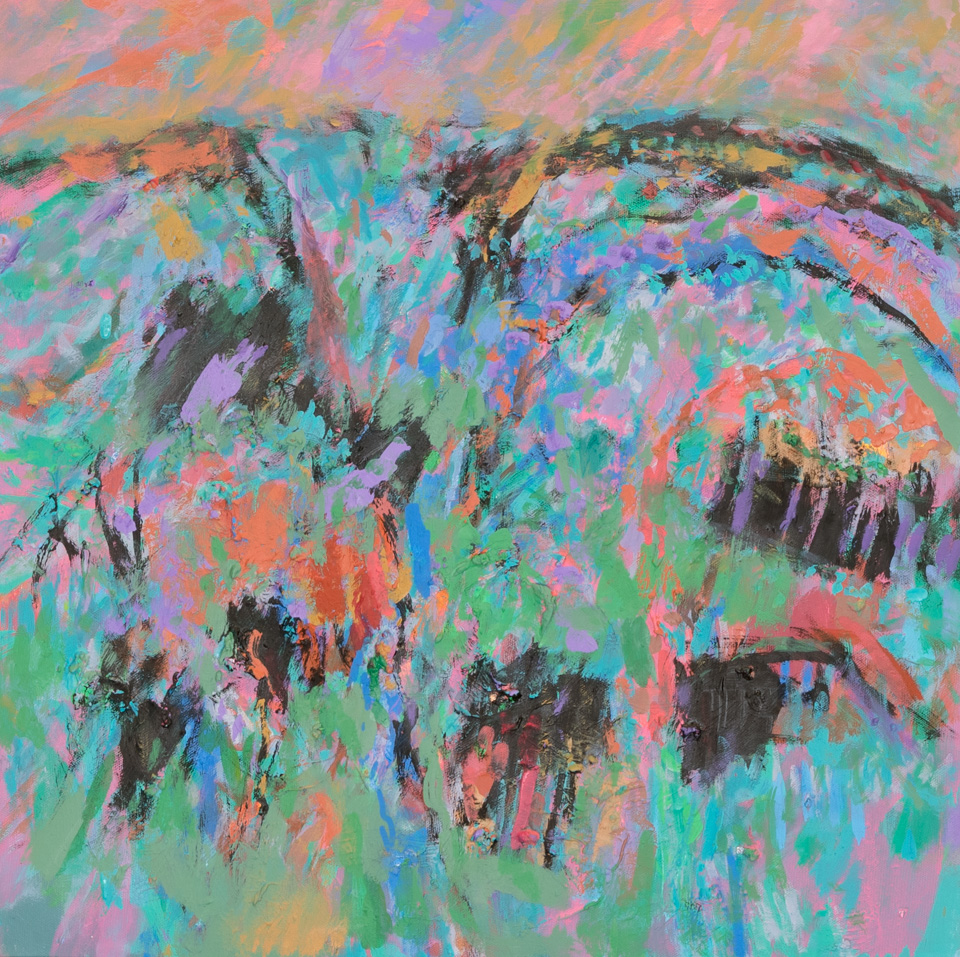 Rancho Santa Cruz #6 is an original oil on canvas painting measuring 20 × 20 inches, completed in 2016 by American Expressionist Landscape painter Bud Holman.