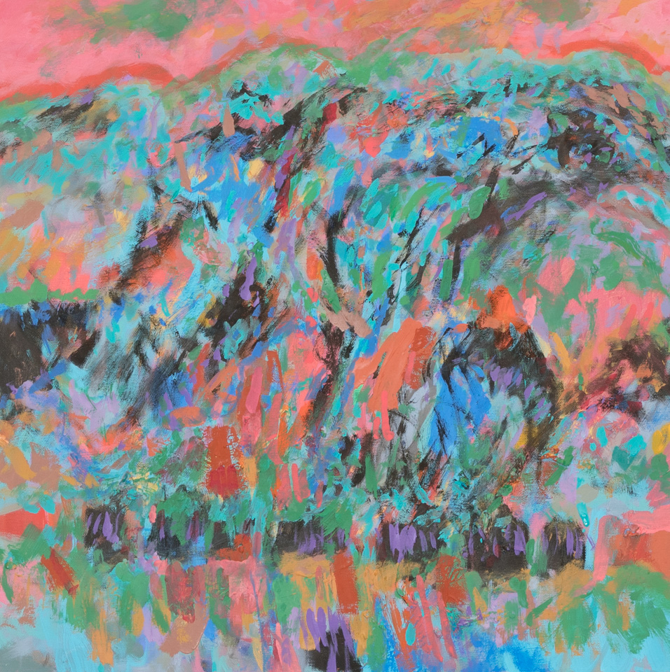 Rancho Santa Cruz #7 is an original oil on canvas painting measuring 20 × 20 inches, completed in 2016 by American Expressionist Landscape painter Bud Holman.