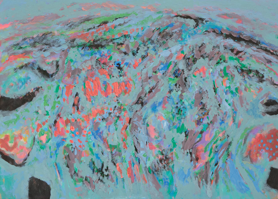 Fireplace is an original oil on masonite painting measuring 20.5 × 28.5 inches, completed in 2016 by American Expressionist Landscape painter Bud Holman.