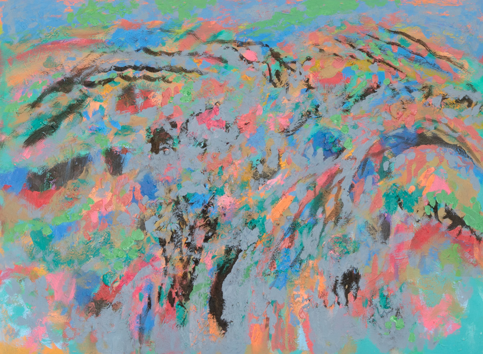 El Coyote Canyon is an original oil on masonite painting measuring 18.75 × 25.25 inches, completed in 1988 by American Expressionist Landscape painter Bud Holman.