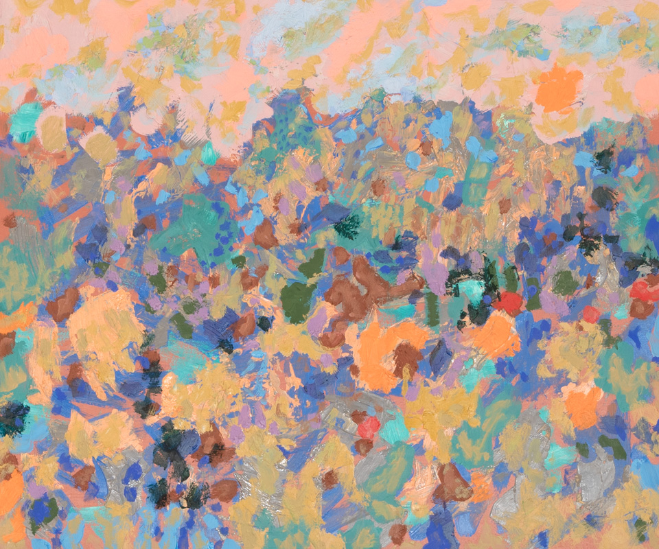 El Canejo Canyon #2 is an original oil on masonite painting measuring 18 × 21.5 inches, completed in 1990 by American Expressionist Landscape painter Bud Holman.