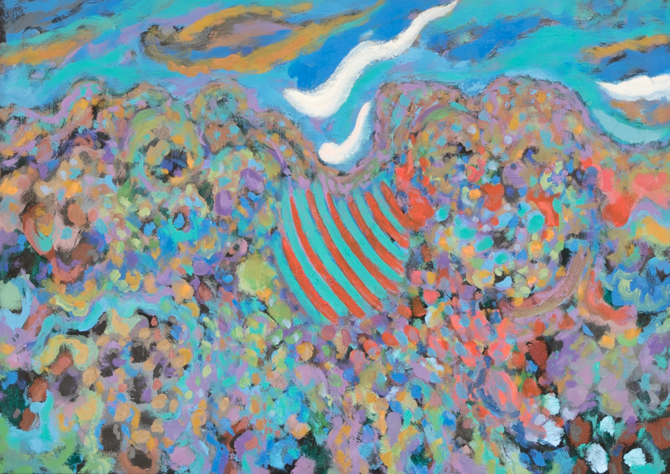 El Canejo Canyon #5 is an original oil on masonite painting measuring 14.75 × 20.5 inches, completed in 1990 by American Expressionist Landscape painter Bud Holman.