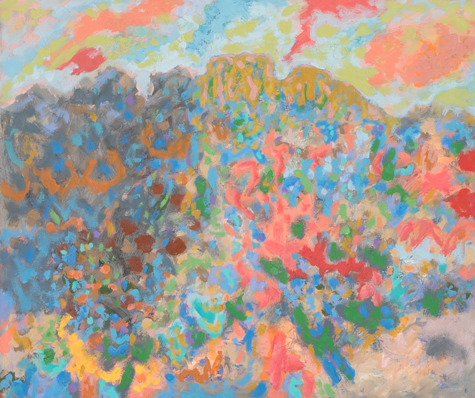 El Canejo Canyon #7 is an original oil on masonite painting measuring 18 × 21.5 inches, completed in 1990 by American Expressionist Landscape painter Bud Holman.