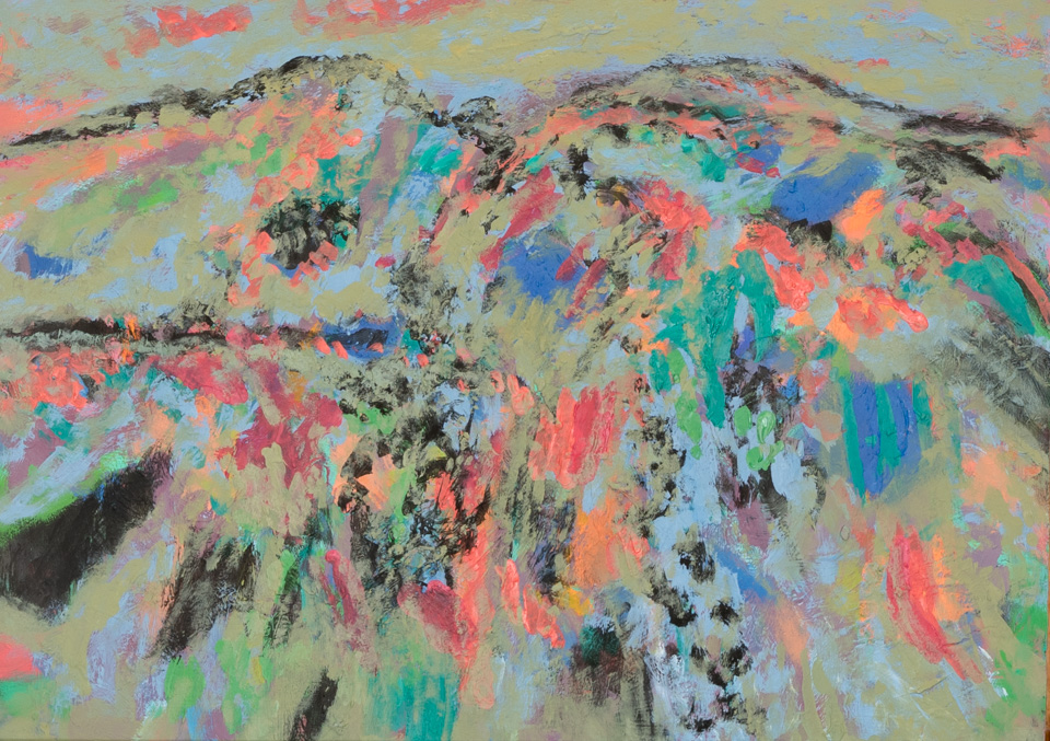 Skyline C.C. #4 is an original oil on masonite painting measuring 15 × 20.75 inches, completed in 2000 by American Expressionist Landscape painter Bud Holman.