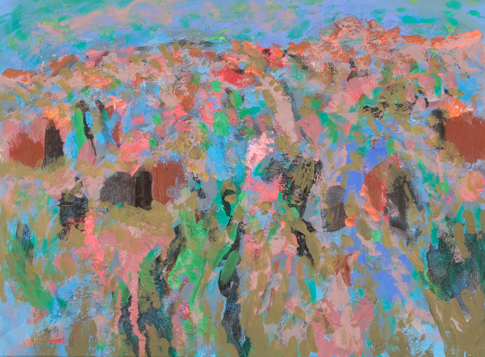Nogales #33 is an original oil on panel painting measuring 12 × 16 inches, completed in 2009 by American Expressionist Landscape painter Bud Holman.