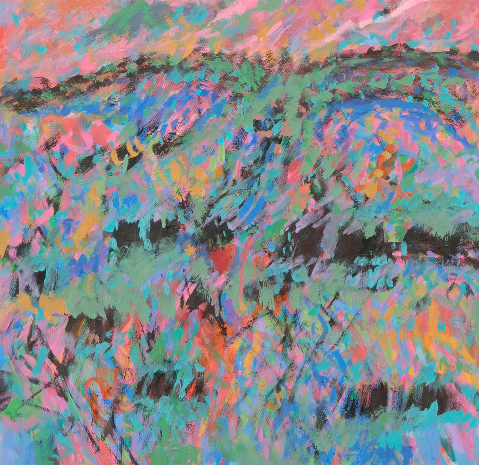 Rancho Santa Cruz #10 is an original oil on canvas painting measuring 18 × 18 inches, completed in 2016 by American Expressionist Landscape painter Bud Holman.