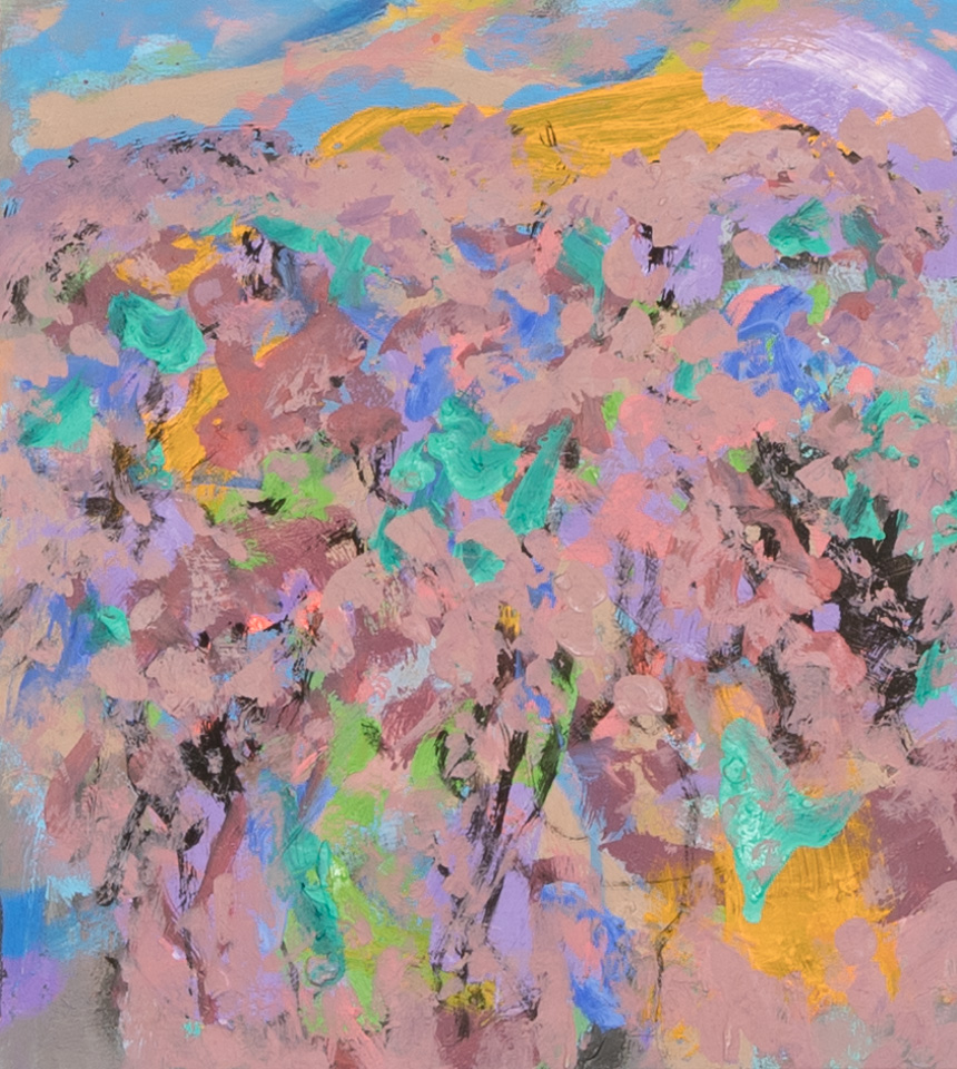 Carney Ranch #2 is an original oil on masonite painting measuring 11 × 10 inches, completed in 2013 by American Expressionist Landscape painter Bud Holman.