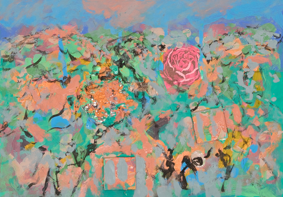 Morocco #32 is an original collage with oil painting collage measuring 10 × 14 inches, completed in 2002 by American Expressionist Landscape painter Bud Holman.
