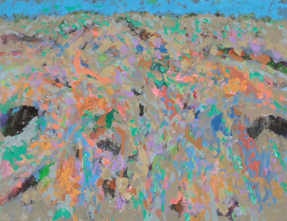 Nogales #62 is an original oil on panel painting measuring 14 × 18 inches, completed in 2007 by American Expressionist Landscape painter Bud Holman.