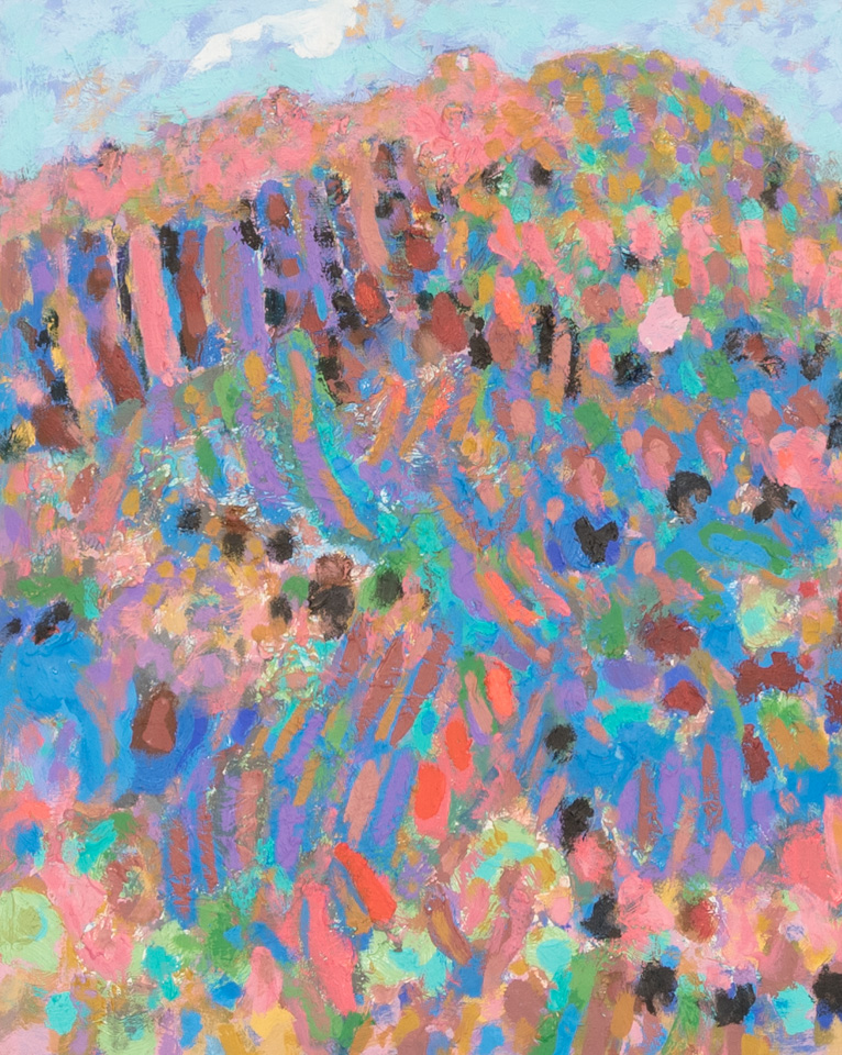 Nogales #66 is an original oil on masonite painting measuring 17.75 × 14 inches, completed in 2004 by American Expressionist Landscape painter Bud Holman.