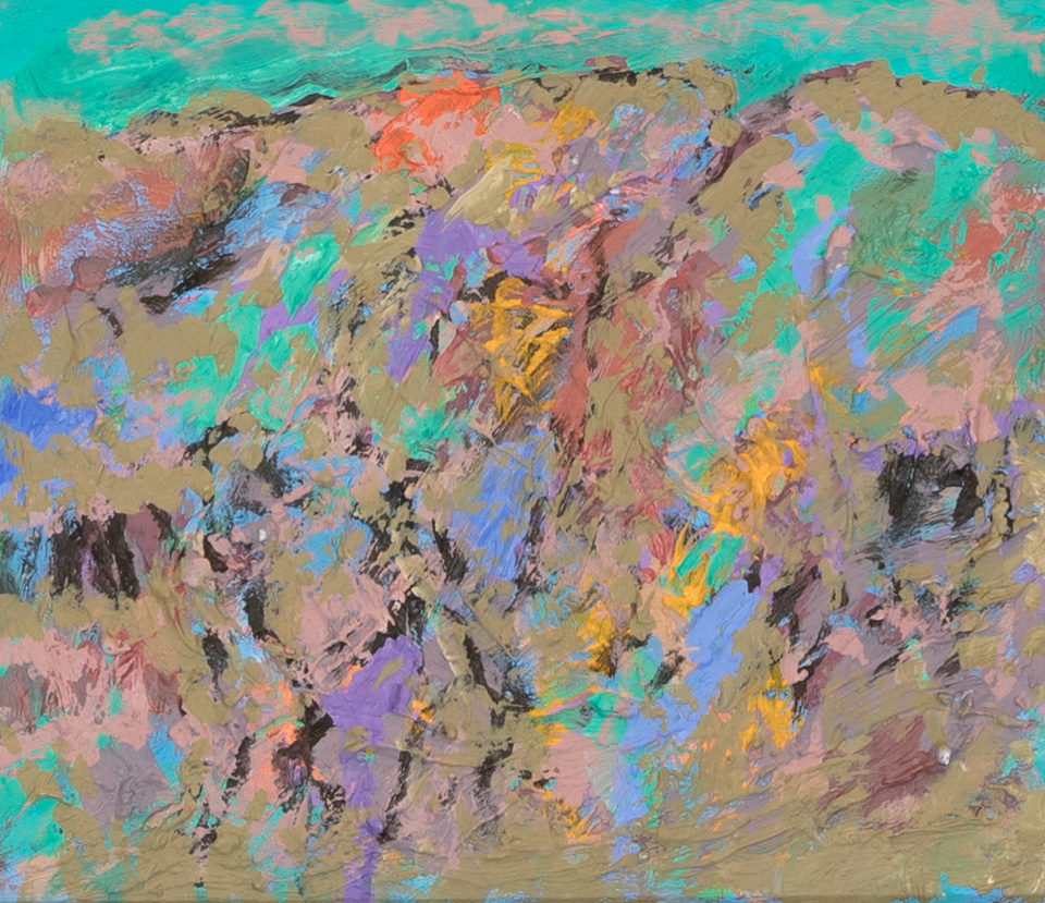 Nogales #85 is an original oil on masonite painting measuring 11 × 13 inches, completed in 2007 by American Expressionist Landscape painter Bud Holman.