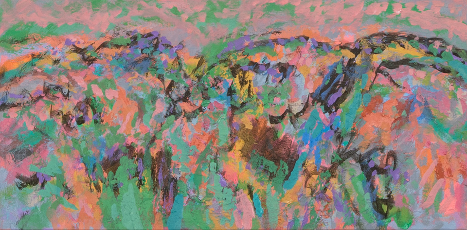 Tommy Joe's Ranch - Near Tombstone #3 is an original oil on canvas painting measuring 10 × 20 inches, completed in 2015 by American Expressionist Landscape painter Bud Holman.