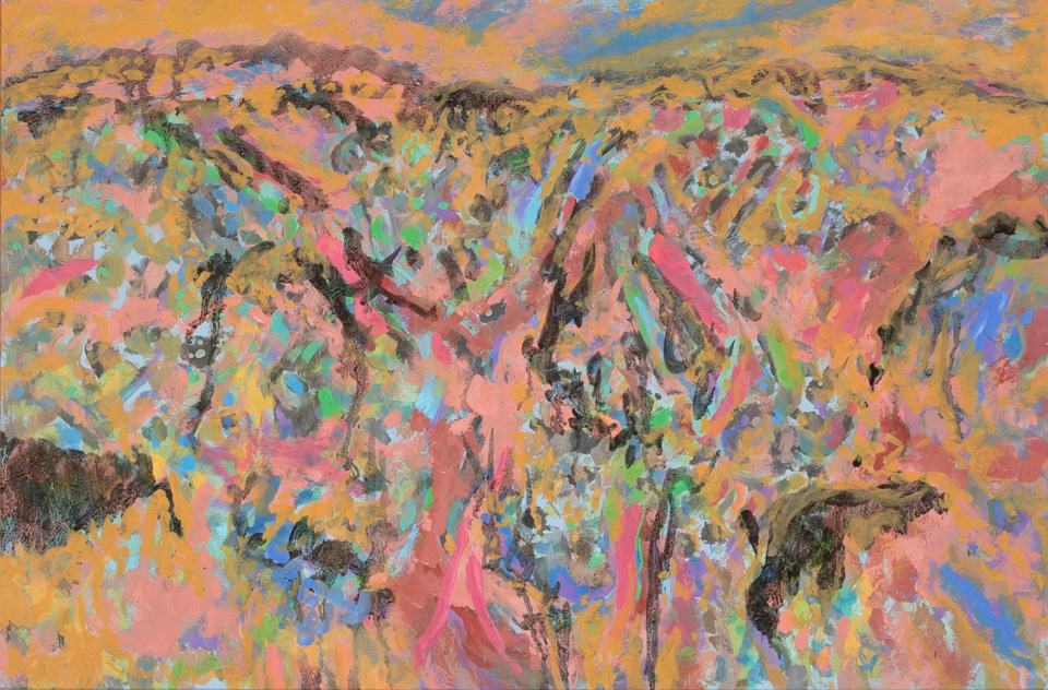 Nogales #111 is an original oil on board painting measuring 16 × 24 inches, completed in 2013 by American Expressionist Landscape painter Bud Holman.
