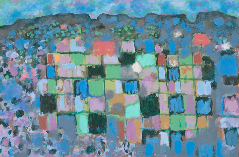 Nogales #112 is an original oil on board painting measuring 16 × 24 inches, completed in 2010 by American Expressionist Landscape painter Bud Holman.