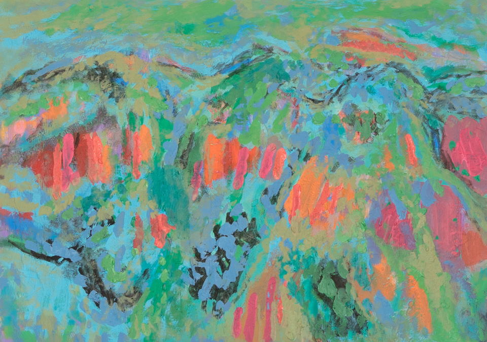 Nogales #117 is an original oil on masonite painting measuring 15 × 20.5 inches, completed in 2005 by American Expressionist Landscape painter Bud Holman.