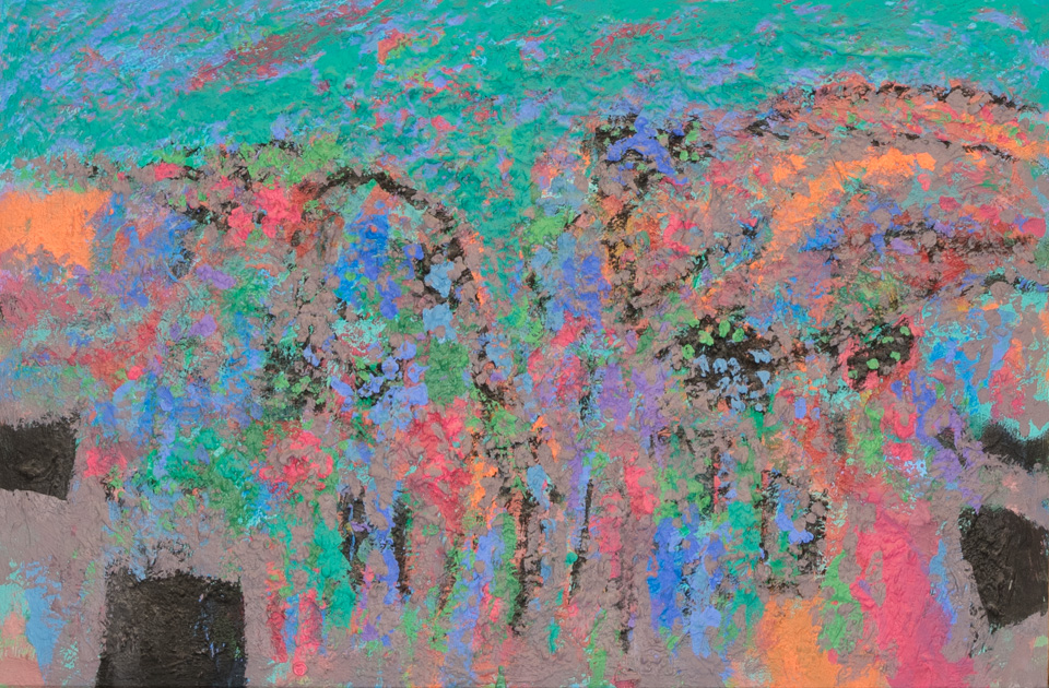 AZ Landscape is an original oil on masonite painting measuring 16 × 24 inches, completed in 1992 by American Expressionist Landscape painter Bud Holman.