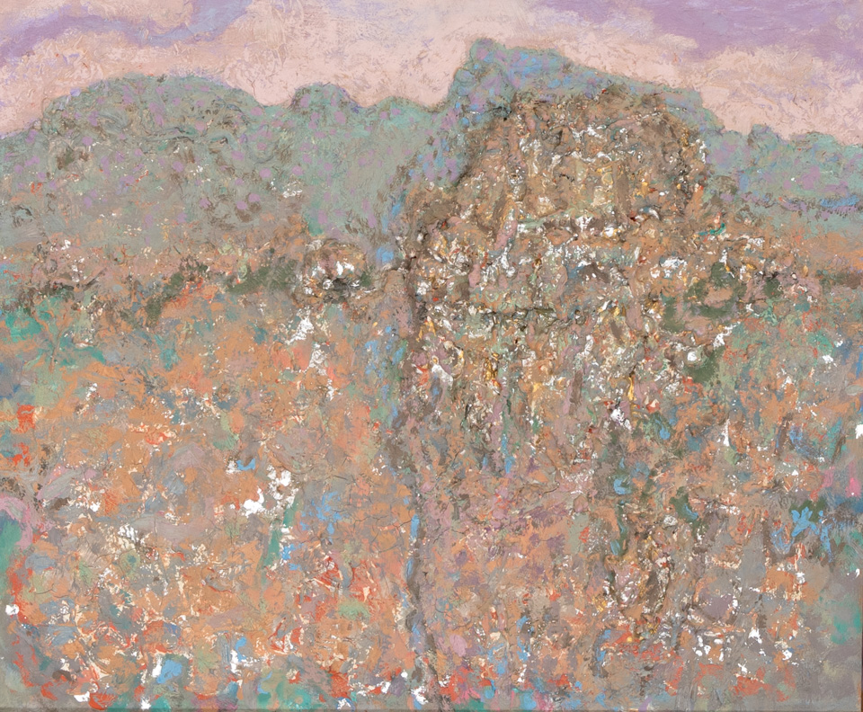 Sedona #3 is an original oil on masonite painting measuring 18 × 21.5 inches, completed in 1984 by American Expressionist Landscape painter Bud Holman.