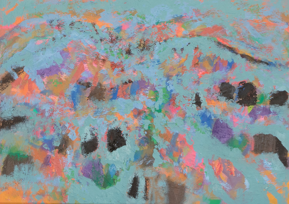 Nogales #132 is an original oil on masonite painting measuring 15 × 20.5 inches, completed in 2005 by American Expressionist Landscape painter Bud Holman.