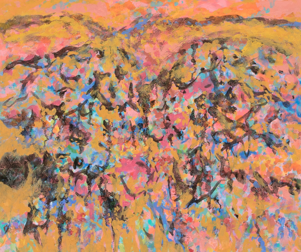 Nogales #134 is an original oil on board painting measuring 18 × 21.5 inches, completed in 2009 by American Expressionist Landscape painter Bud Holman.