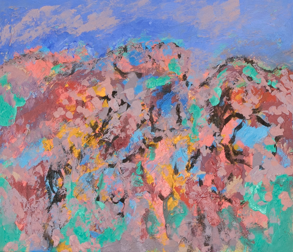 Morocco #46 is an original oil on masonite painting measuring 11 × 13 inches, completed in 2002 by American Expressionist Landscape painter Bud Holman.