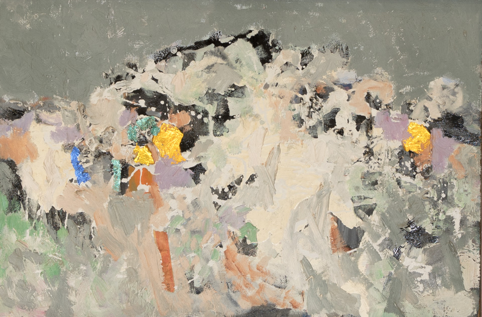 Winter Landscape is an original oil on masonite painting measuring 16 × 24 inches, completed in 1964 by American Expressionist Landscape painter Bud Holman.