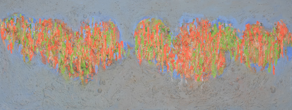 Voyage to Crete #3 is an original oil on canvas painting measuring 14 × 36 inches, completed in 1970 by American Expressionist Landscape painter Bud Holman.