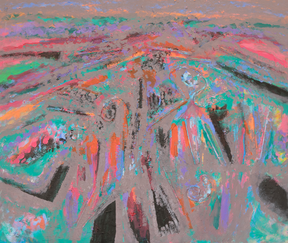 Nogales #178 is an original mixed media painting measuring 30 × 36 inches, completed in 2003 by American Expressionist Landscape painter Bud Holman.