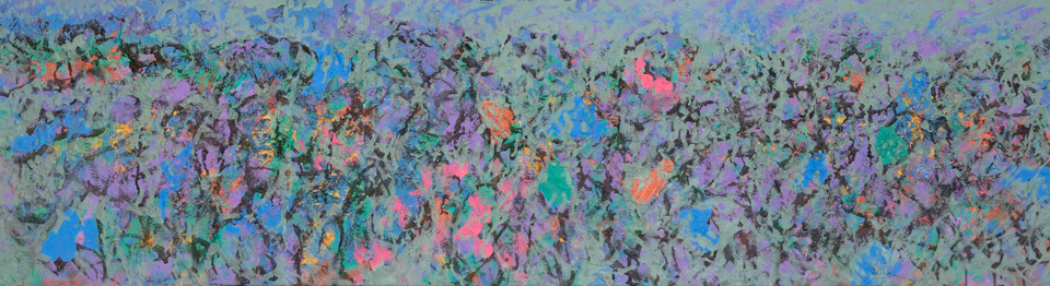 Sagaponack Dunes #5 is an original oil on canvas painting measuring 14 × 50 inches, completed in 2005 by American Expressionist Landscape painter Bud Holman.