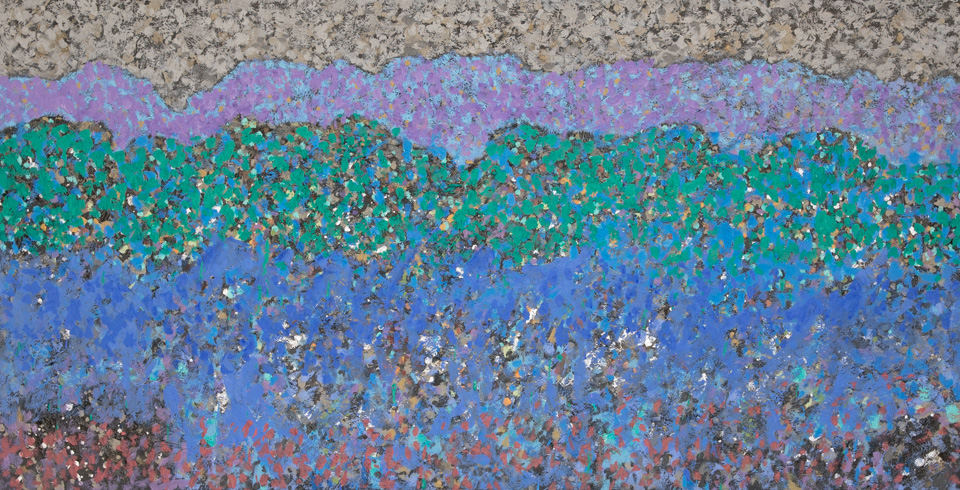 Sagaponack Dunes #8 is an original oil on canvas painting measuring 29 × 56 inches, completed in 2005 by American Expressionist Landscape painter Bud Holman.
