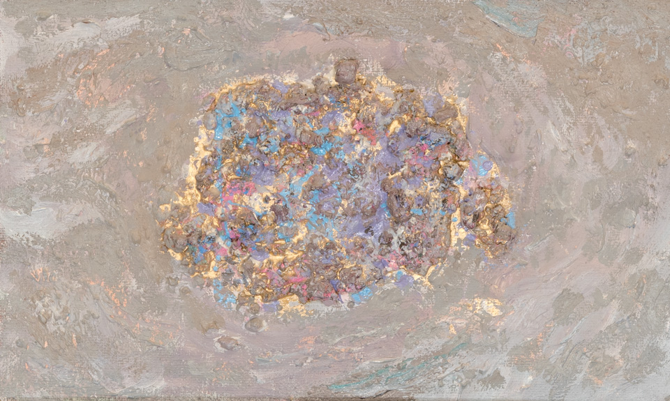 Mud Pie #11 is an original oil on masonite painting measuring 11.5 × 19 inches, completed in 1983 by American Expressionist Landscape painter Bud Holman.