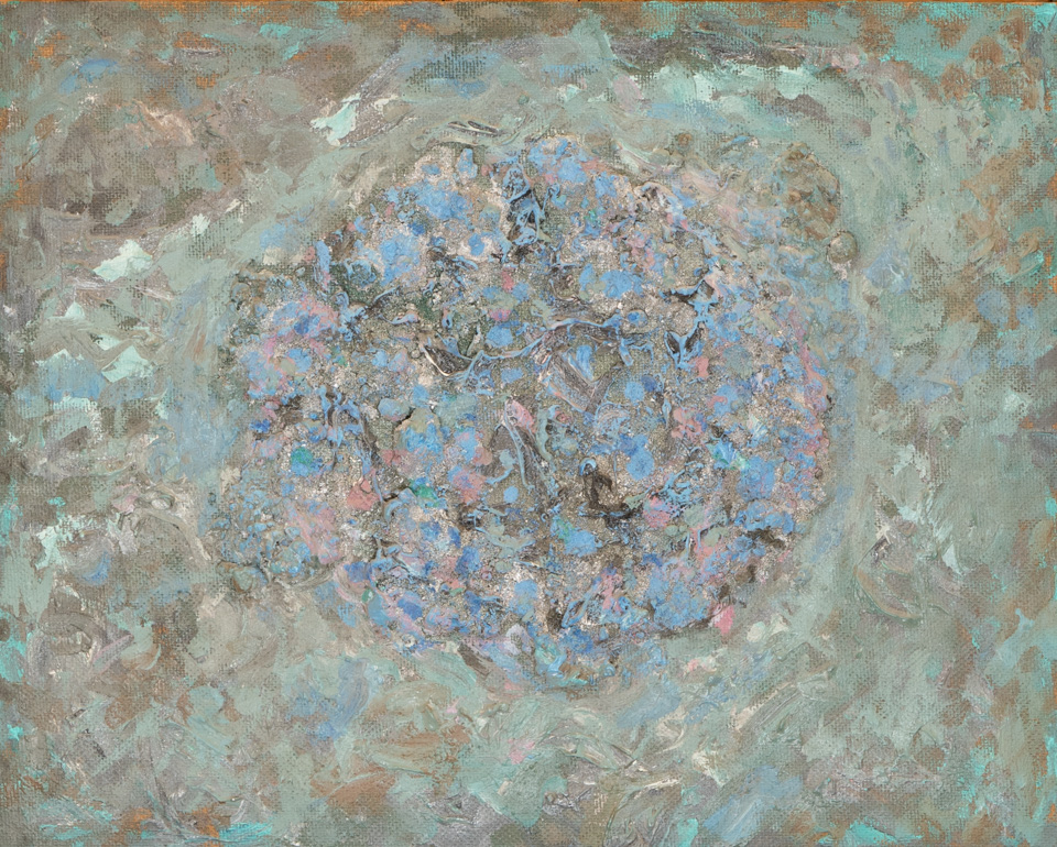 Mud Pie #12 is an original oil on masonite painting measuring 16 × 20 inches, completed in 1983 by American Expressionist Landscape painter Bud Holman.