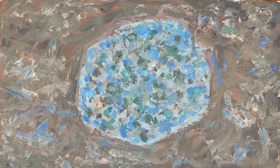 Mud Pie #20 is an original oil on styrofoam painting measuring 10 × 16 inches, completed in 1983 by American Expressionist Landscape painter Bud Holman.