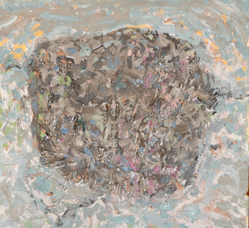 Mud Pie #26 is an original oil on styrofoam painting measuring 13 × 14 inches, completed in 1983 by American Expressionist Landscape painter Bud Holman.