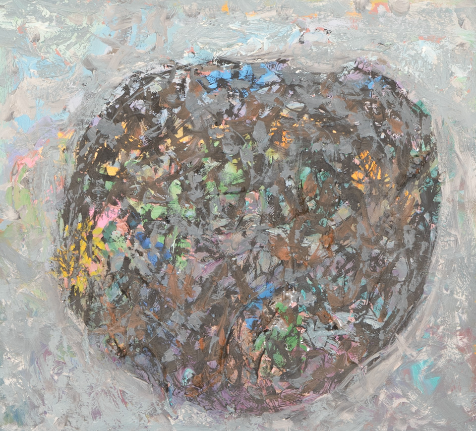 Mud Pie #30 is an original oil on styrofoam painting measuring 13 × 14 inches, completed in 1983 by American Expressionist Landscape painter Bud Holman.