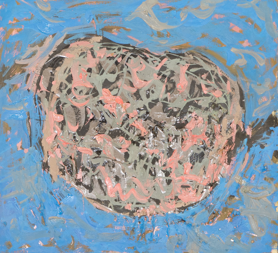 Mud Pie #32 is an original oil on styrofoam painting measuring 13 × 14 inches, completed in 1983 by American Expressionist Landscape painter Bud Holman.