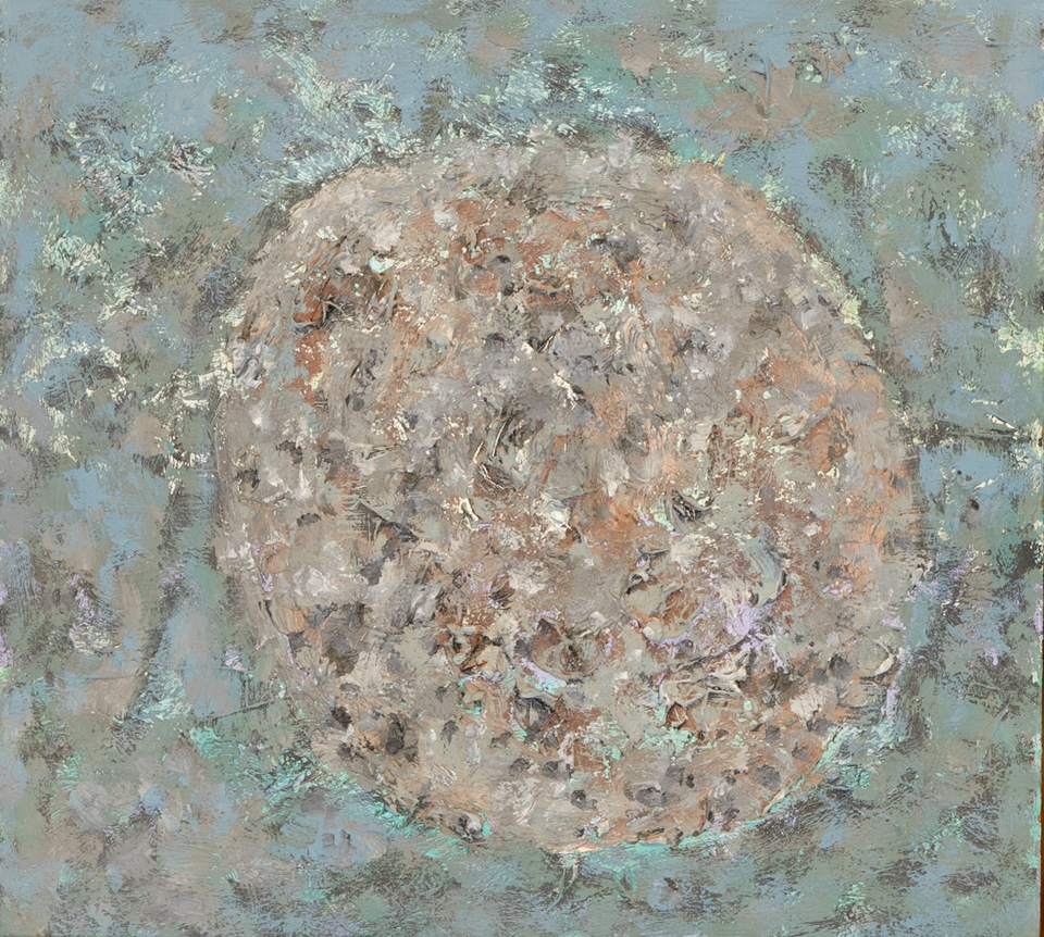 Mud Pie #44 is an original oil on masonite painting measuring 13 × 14 inches, completed in 1983 by American Expressionist Landscape painter Bud Holman.
