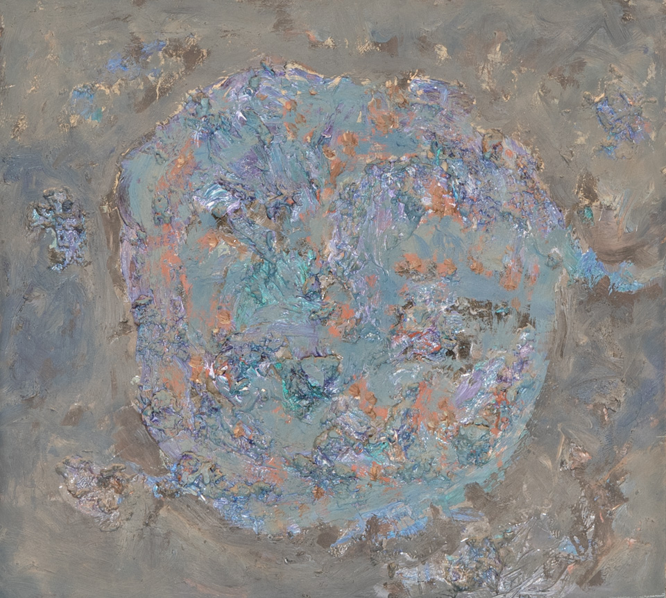 Mud Pie #45 is an original oil on masonite painting measuring 13 × 14 inches, completed in 1983 by American Expressionist Landscape painter Bud Holman.