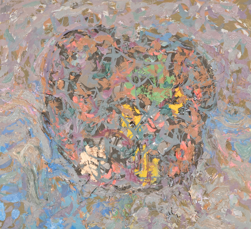 Mud Pie #46 is an original oil on styrofoam painting measuring 13 × 14 inches, completed in 1983 by American Expressionist Landscape painter Bud Holman.