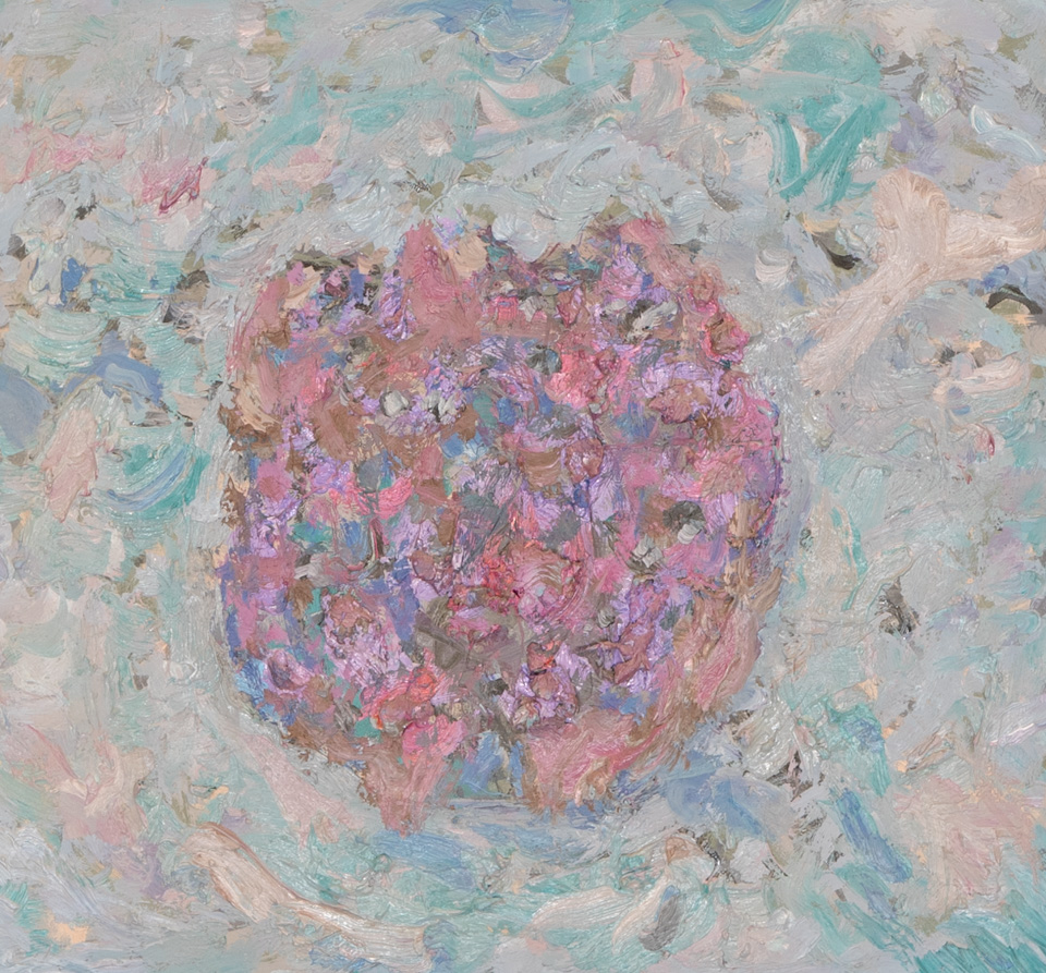 Mud Pie #57 is an original oil on masonite painting measuring 13 × 14 inches, completed in 1983 by American Expressionist Landscape painter Bud Holman.