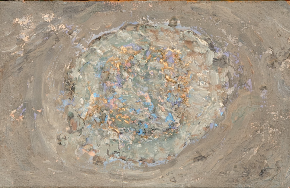 Mud Pie #59 is an original mixed media painting measuring 8 × 12 inches, completed in 1983 by American Expressionist Landscape painter Bud Holman.