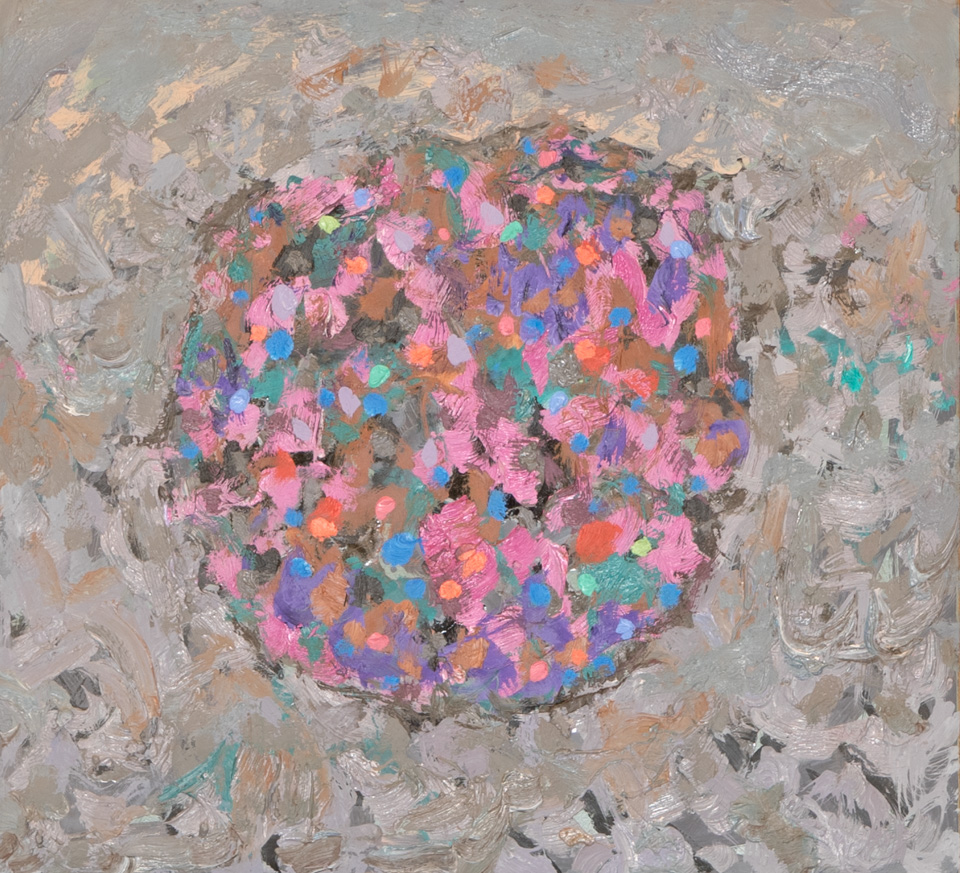 Mud Pie #67 is an original oil on masonite painting measuring 13 × 14 inches, completed in 1983 by American Expressionist Landscape painter Bud Holman.
